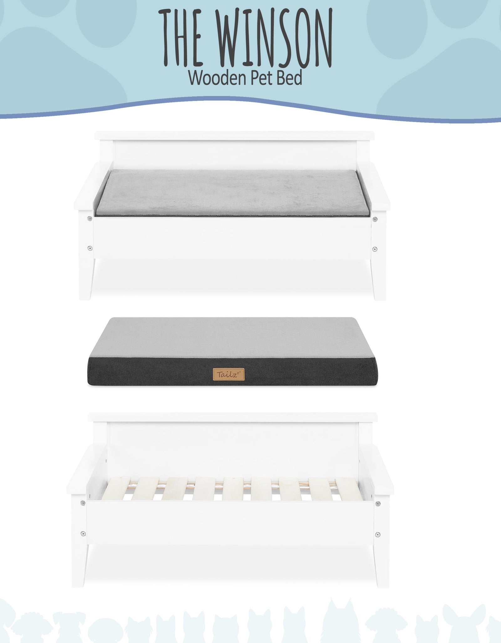 Winston Small Elevated Wooden Pet Bed with Plush Mattress, White