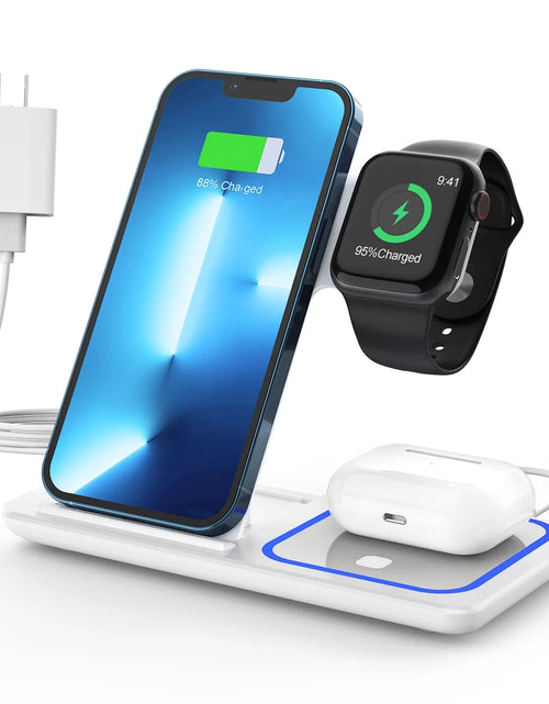 Load image into Gallery viewer, Wireless Charger, 3 in 1 Wireless Charging Station Dock with Breathing Indicator, Fast Charging Stand Compatible with Iphone 17/16/15/14/13/12/11 Pro Max/Xs, Iwatch 10/9/8/7/6/5/4, Airpods 4/3/2/Pro
