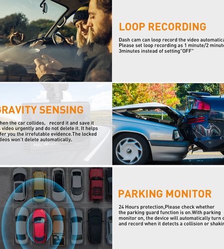 Dash Cam Front and Rear, 1080P Full HD Dash Camera, Dashcam with Night Vision, Car Camera with 3-Inch LCD Display, Parking Mode, G-Sensor, Loop Recording, WDR