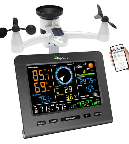 Wifi Weather Station, Wireless Indoor Outdoor Home Weather Stations with Rain Gauge, Wind Speed/Direction, Indoor/Outdoor Thermometer/Humidity, Moon Phrase, Alarm Clock, Barometric Pressure