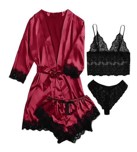 Sexy Lingerie,  Silk Satin Pajamas for Women, Womens Summer Pajamas Pjs Sets of 4 Pcs with Floral Lace Top Shorts and Robe, Gift for Women, Burgundy, XXL