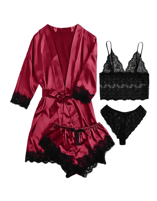 Load image into Gallery viewer, Sexy Lingerie,  Silk Satin Pajamas for Women, Womens Summer Pajamas Pjs Sets of 4 Pcs with Floral Lace Top Shorts and Robe, Gift for Women, Burgundy, XXL
