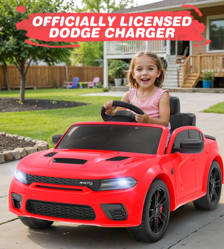 Dodge Electric Ride on Cars for Kids, 12V Licensed Dodge Charger SRT Hellcat Powered Ride on Toys with Parent Remote Control, Electric Car for Girls Boys 3-5 W/Music Player/Led Lights, Red