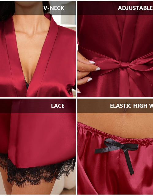 Load image into Gallery viewer, Sexy Lingerie,  Silk Satin Pajamas for Women, Womens Summer Pajamas Pjs Sets of 4 Pcs with Floral Lace Top Shorts and Robe, Gift for Women, Burgundy, XXL
