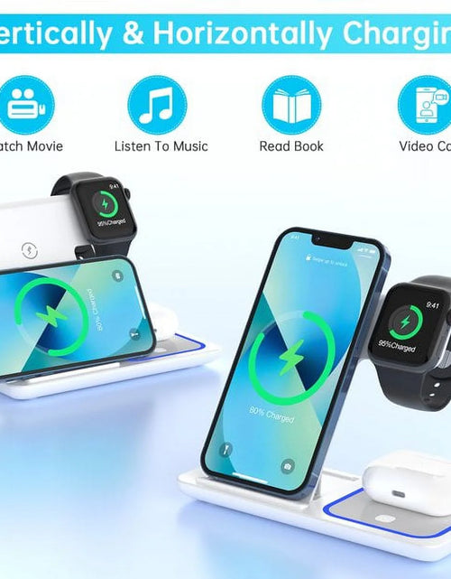 Load image into Gallery viewer, Wireless Charger, 3 in 1 Wireless Charging Station Dock with Breathing Indicator, Fast Charging Stand Compatible with Iphone 17/16/15/14/13/12/11 Pro Max/Xs, Iwatch 10/9/8/7/6/5/4, Airpods 4/3/2/Pro
