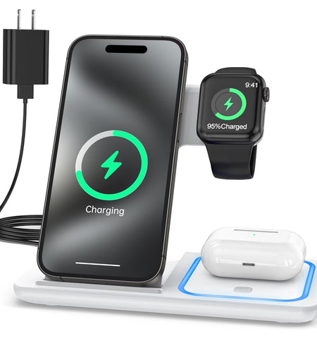 Wireless Charger, 3 in 1 Wireless Charging Station Dock with Breathing Indicator, Fast Charging Stand Compatible with Iphone 17/16/15/14/13/12/11 Pro Max/Xs, Iwatch 10/9/8/7/6/5/4, Airpods 4/3/2/Pro