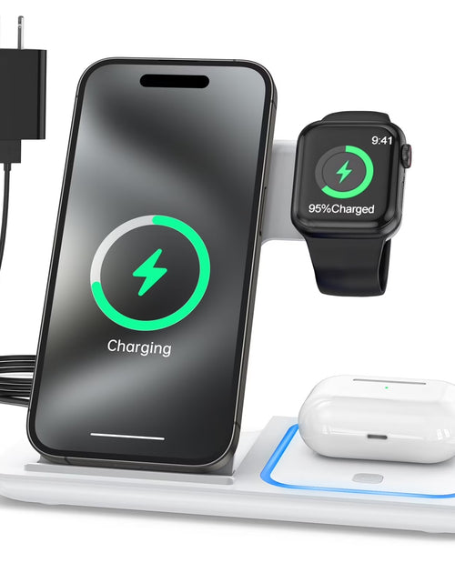 Load image into Gallery viewer, Wireless Charger, 3 in 1 Wireless Charging Station Dock with Breathing Indicator, Fast Charging Stand Compatible with Iphone 17/16/15/14/13/12/11 Pro Max/Xs, Iwatch 10/9/8/7/6/5/4, Airpods 4/3/2/Pro
