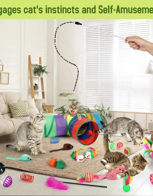 Load image into Gallery viewer, 32 Pcs Cat Toys Kitten Toys, Interactive Variety Catnip Toys with Collapsible Rainbow Tunnel, Cat Feather Teaser Crinkle Balls Spring Toy for Cat, Kitty, Puppy
