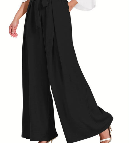 Womens Wide Leg Lounge Pants with Pockets High Waisted Adjustable Tie Knot Loose Casual Trousers Dress Work Pants