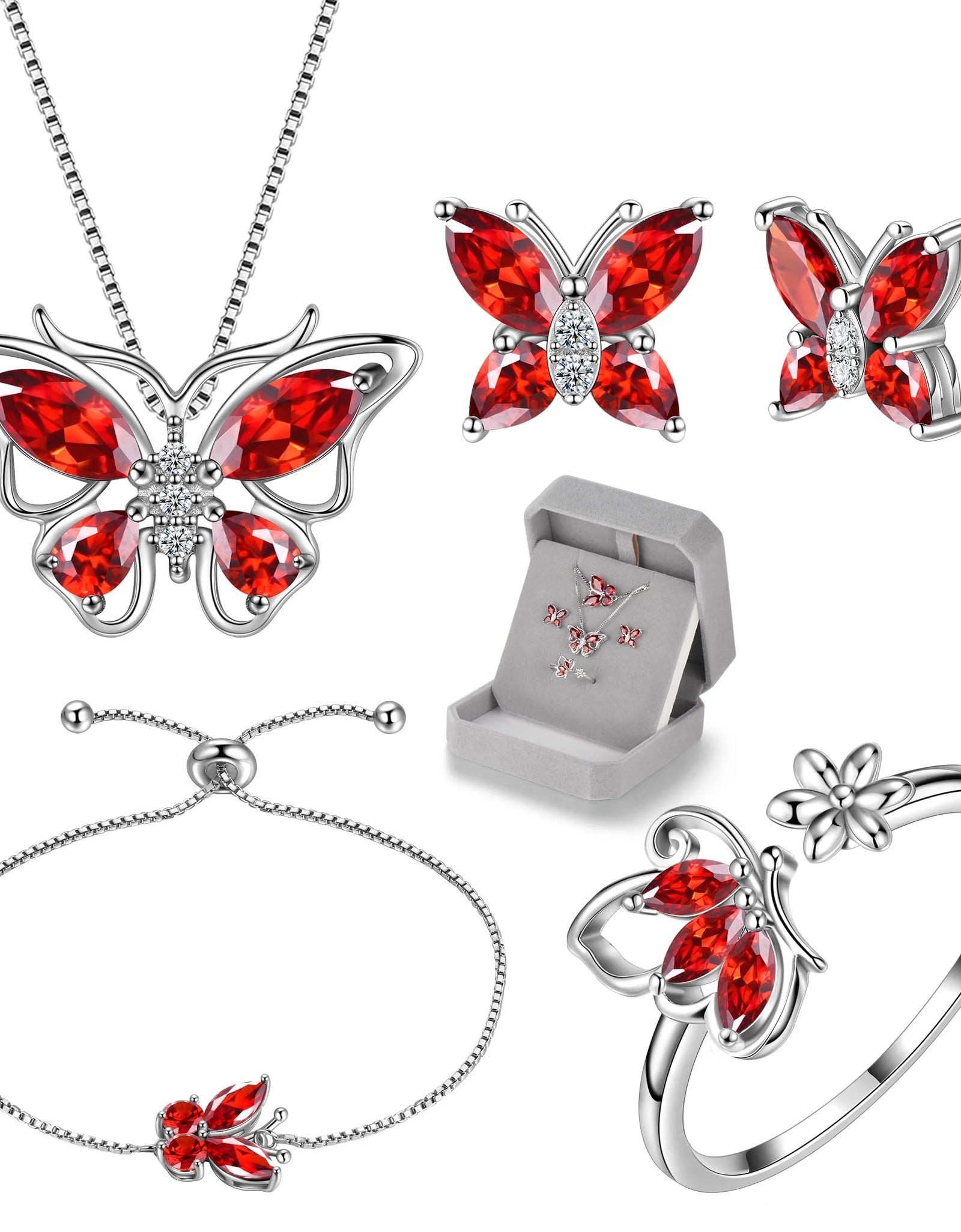 January Birthstone Jewelry Set Red Butterfly Garnet Fine Necklace/Earrings/Ring/Bracelet Sterling Silver Women Xmas Birthday Mother'S Day Gifts