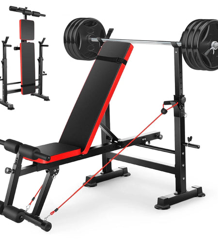 Adjustable Weight Bench Set 6 in 1 Bench Press Workout Bench with Barbell Rack Removable Foot Bracket, Pairs of Resistance Bands for Home Gym Training