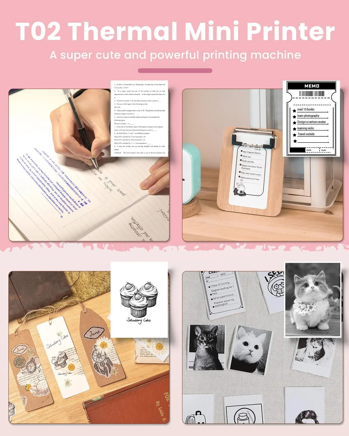 T02 Portable Label Maker, Mini Sticker Printer, Bluetooth Inkless Sticker Maker Machine, Mobile Printer for Study Notes, Kids Gift, Photos, Journals, To-Dos (Pink)