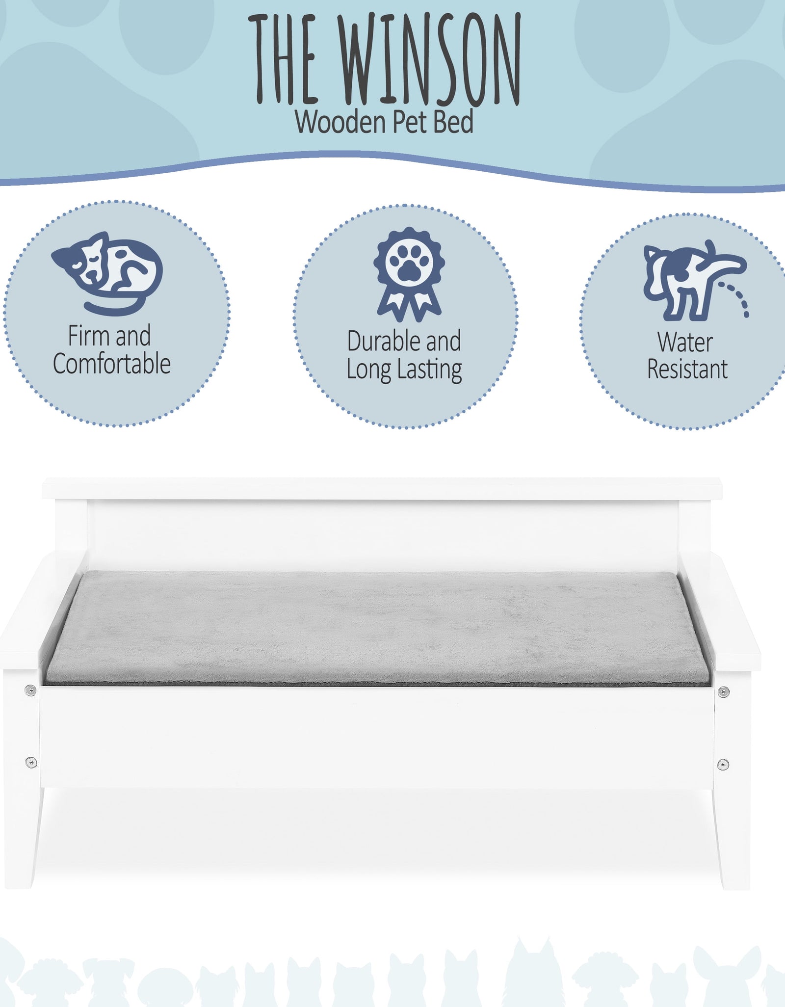 Winston Small Elevated Wooden Pet Bed with Plush Mattress, White