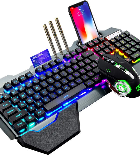 Wireless Gaming Keyboard and Mouse, RGB Backlit Rechargeable Mouse, Removable Hand Rest, Full Size