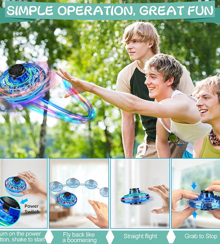 Flying Spinner Mini UFO Toy for Kids, Flying Fidget Spinner UFO Toy , Flying Orb Ball Hand Operated with 360 ° Rotating and LED Lights for Adult and Kids (Blue)