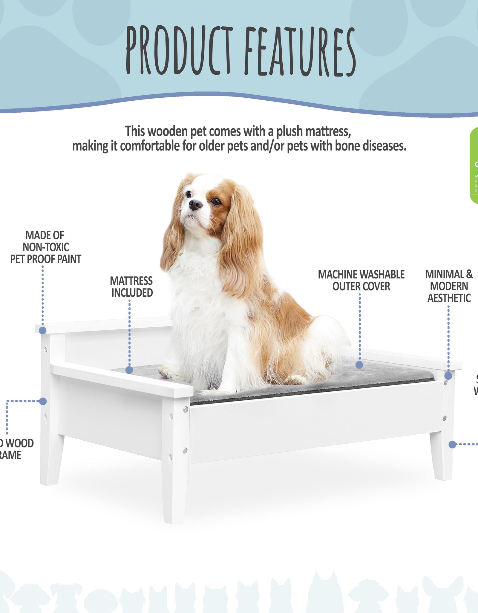 Winston Small Elevated Wooden Pet Bed with Plush Mattress, White